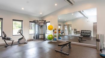 A spacious gym with a variety of equipment including a treadmill, a bench press, and a squat rack.